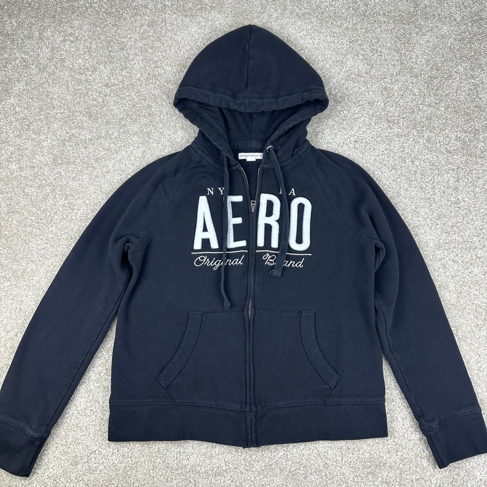 Aeropostale Zip Up Hoodie Large Black Cotton Blend Y2K Sweatshirt